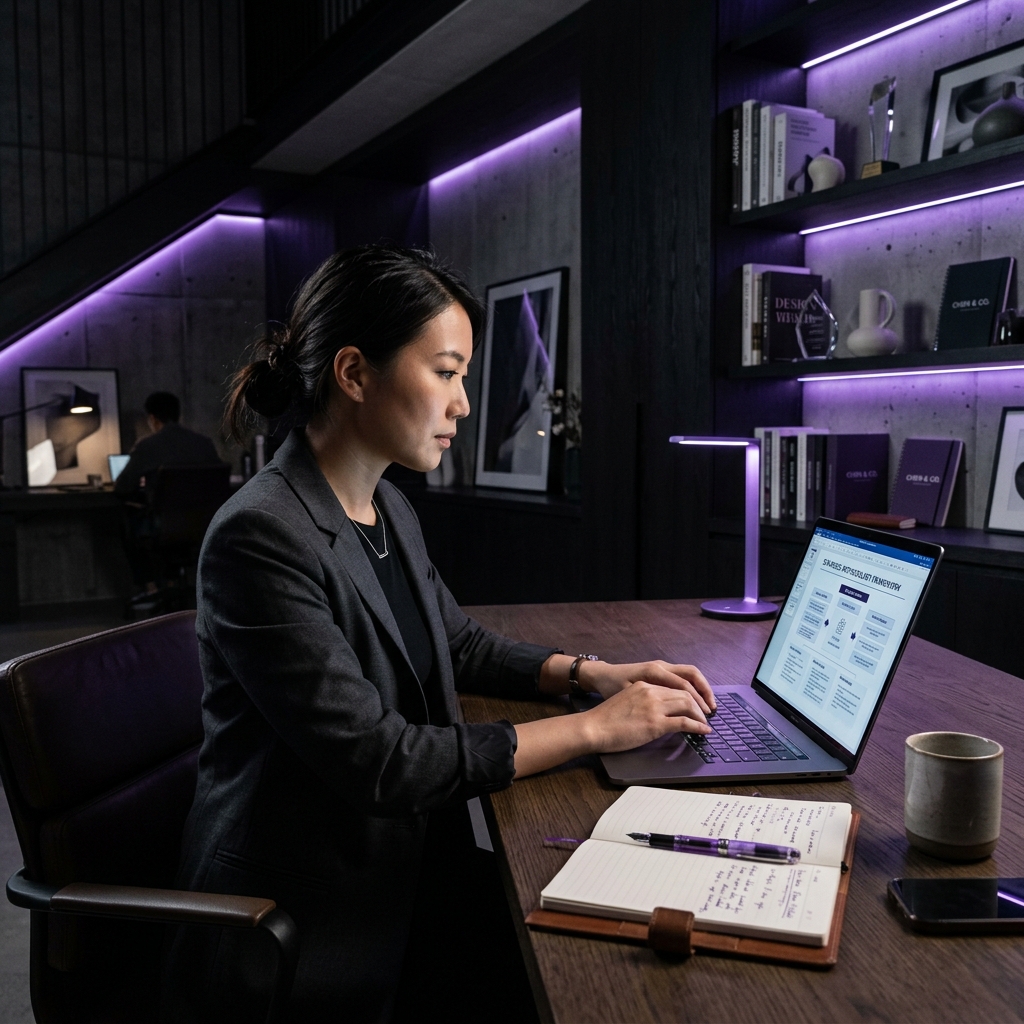 Consultor especialista desenvolvendo método de trabalho no computador